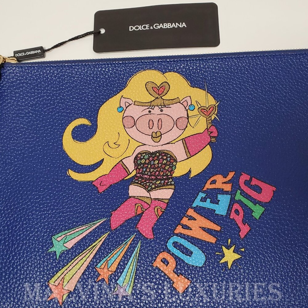 DOLCE & GABBANA BAG POWER PIG BLUE LEATHER POUCH w WRISTLET STRAP - Picture 7 of 12